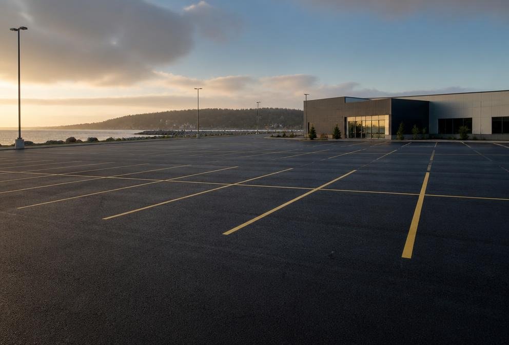Freshly paved commercial parking lot with yellow lines