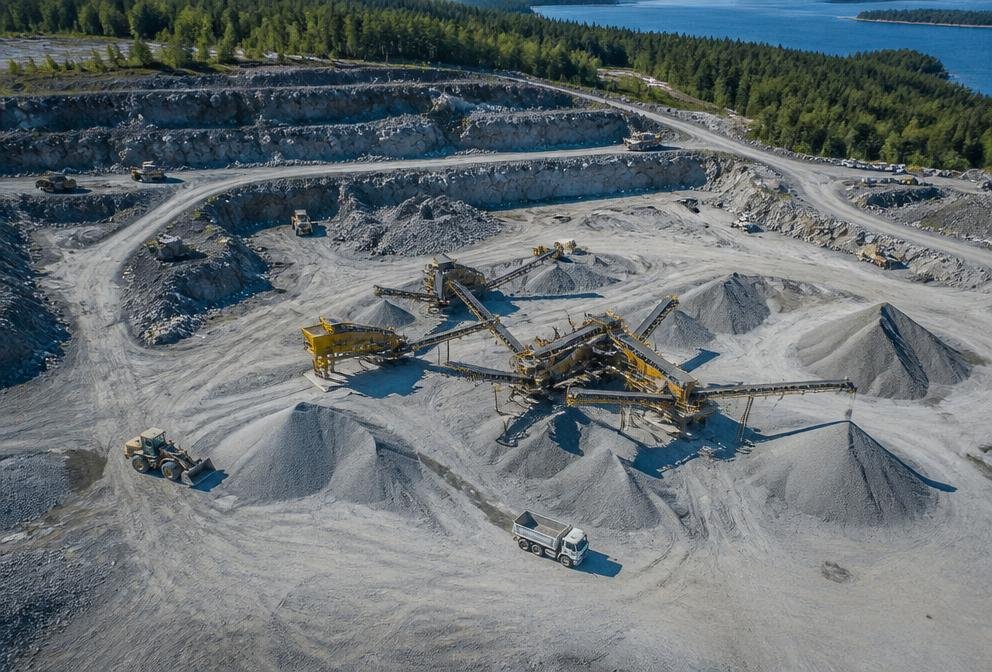 Aggregate crushing operation at a quarry